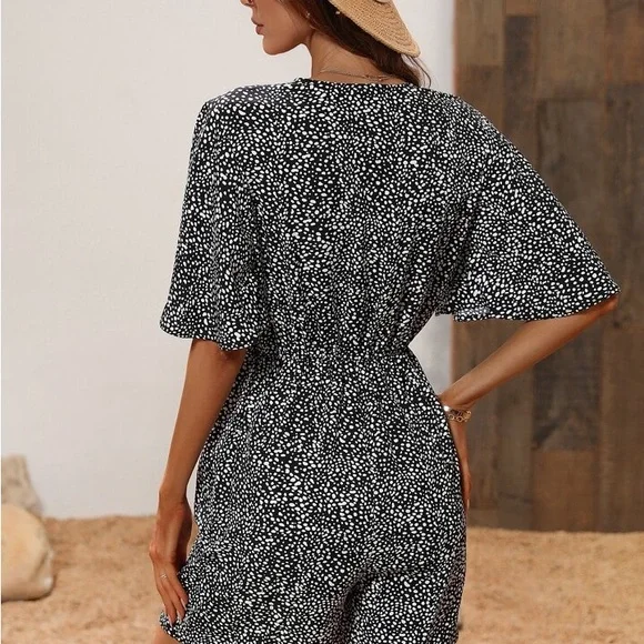 SHEIN Black and White Butterfly Sleeve Polka Dot Romper - Picture 6 of 11